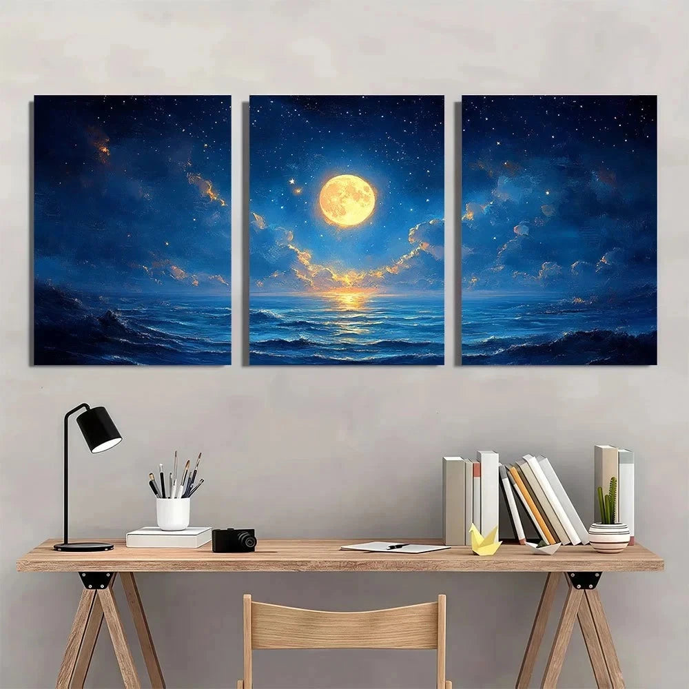 3pcs Moon and Star Dark Academic Style Metal Print Ready to Hang Art - Bella Home Decor