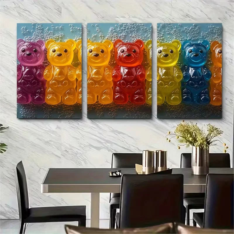 3pcs Colorful Jelly Bears Metal Print Ready to Hang Art - Bella Home Decor