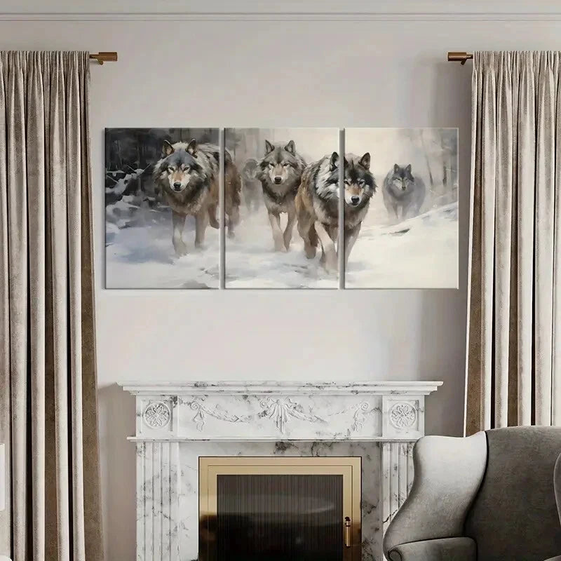 3pcs Wolf Pack Winter Scene Snowy Landscape Metal Print Ready to Hang Art - Bella Home Decor