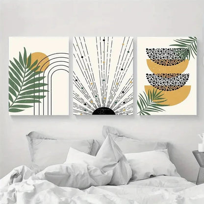 3pcs Mustard, Black, Green Boho Botanical Abstract Metal Print Ready to Hang Art