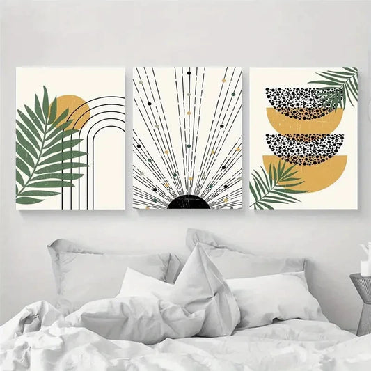 3pcs Mustard, Black, Green Boho Botanical Abstract Metal Print Ready to Hang Art