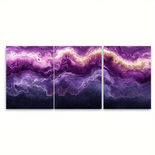 3pcs Vibrant Abstract Violet Marble Metal Print Ready to Hang Art