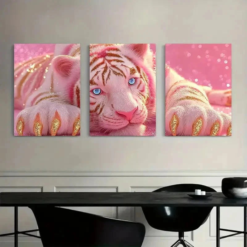 3pcs Cute White Tiger in Pink Background Metal Print Ready to Hang Art - Bella Home Decor