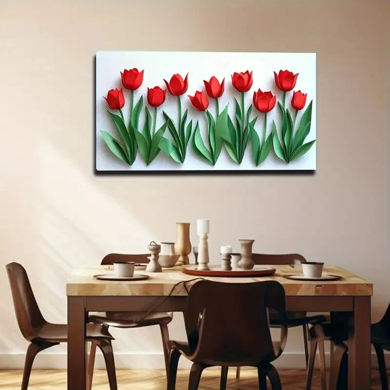 Modern Minimalist Red Tulip Wall Art Canvas Office Home Room Framed 120x60cm - Bella Home Decor