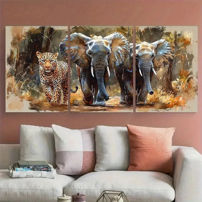 3pcs Elephants and Leopard Exotic Tropical Wall Art Set Canvas Framed 40x60cm - High Quality Print 100% Australian Made Wall Canvas Ready to Hang
