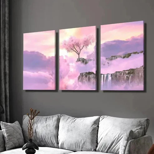 3pcs Waterfalls and Pink Cherry Blossoms Wall Art Set Canvas Unframed - High Quality Print 100% Australian Made Wall Canvas
