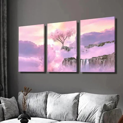 3pcs Waterfalls and Pink Cherry Blossoms Wall Art Set Canvas Unframed - High Quality Print 100% Australian Made Wall Canvas