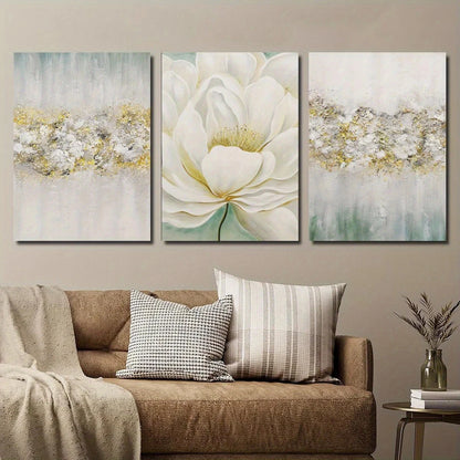 3pcs Golden Texture Beige & Green Abstract Metal Print Ready to Hang Art - Bella Home Decor