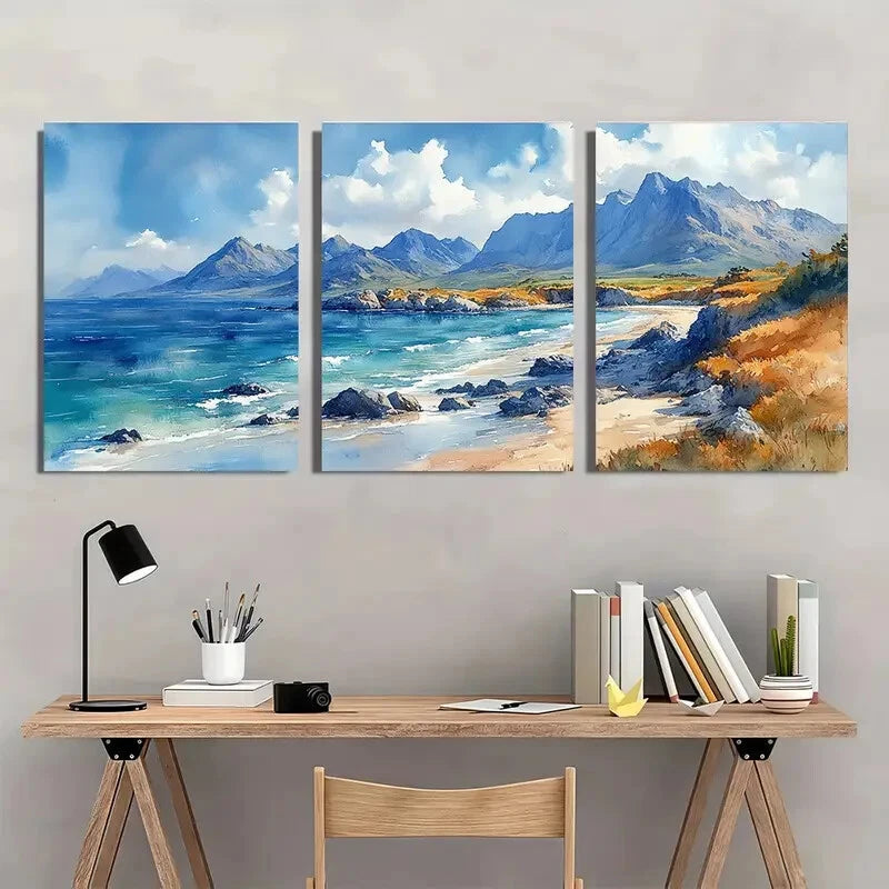 3pcs Ring Of Kerry Painting Ireland Watercolor Metal Print Ready to Hang Art - Bella Home Decor