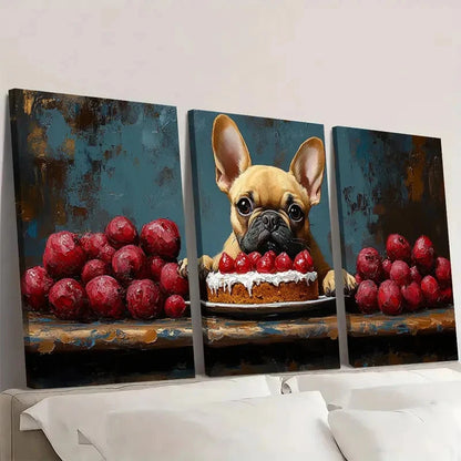 3pcs  French Bulldog & Cake Giclee ol   Wall Art Set Canvas Framed 50x70cm - High Quality Print 100% Australian Made Wall Canvas Ready to Hang - Bella Home Decor