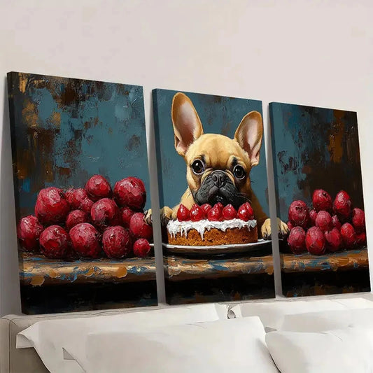 3pcs French Bulldog & Cake Giclee ol Wall Art Set Canvas Framed 50x70cm - High Quality Print 100% Australian Made Wall Canvas Ready to Hang