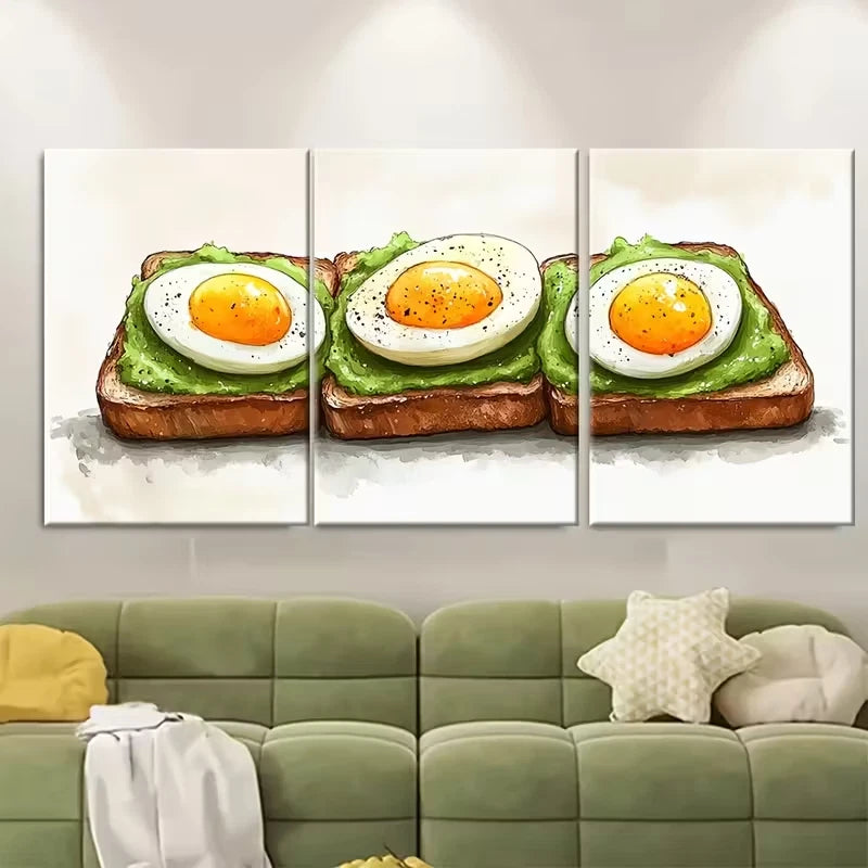 3pcs Breakfast Painting Avocado Toast and Eggs Metal Print Ready to Hang Art - Bella Home Decor