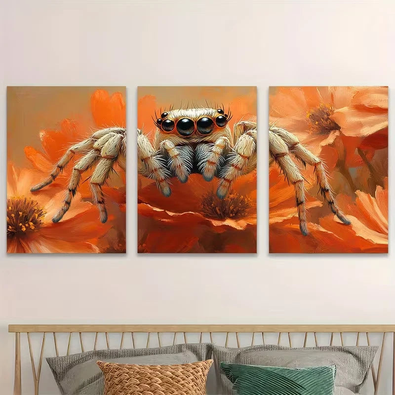 3pcs Summer Flowers & Jumping Spider Wall Art Set Canvas Framed 40x60cm - High Quality Print 100% Australian Made Wall Canvas Ready to Hang