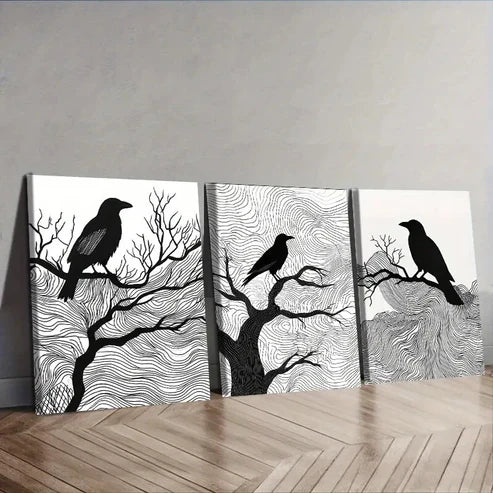 3pcs Black Crow on Tree Branches Wall Art Set Wall Art Canvas Unframed – High Quality Print 100% Australian Made Wall Canvas - Bella Home Decor
