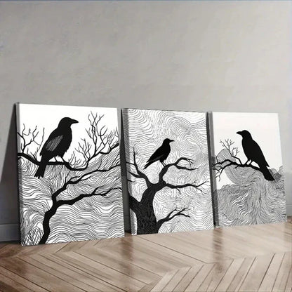 3pcs Black Crow on Tree Branches Wall Art Set Wall Art Canvas Unframed – High Quality Print 100% Australian Made Wall Canvas - Bella Home Decor