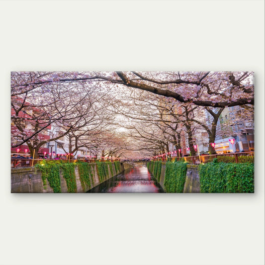 Landscape Cherry Blossom Canal Japan Wall Art Canvas Office Home Framed 120x60cm