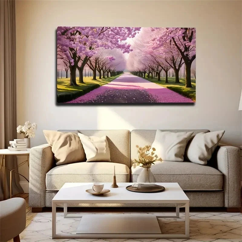 Cherry Blossom Pathway Pink Wall Art Canvas Office Home Room Framed 120x60cm