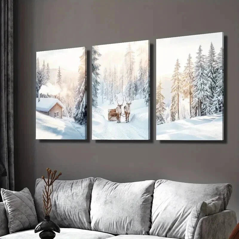 3pcs Snowy Trees Scene & Christmas Elk Wall Art Set Canvas Framed 60x90cm - High Quality Print 100% Australian Made Wall Canvas Ready to Hang