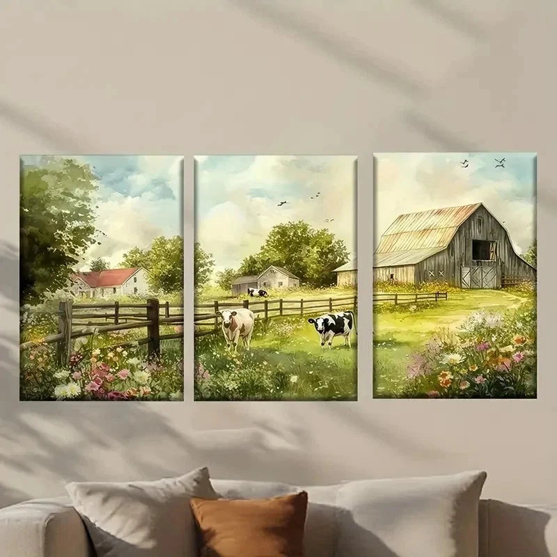 3pcs Farm with a Cow And Barn Painting Wall Art Set Canvas Framed 50x70cm - High Quality Print 100% Australian Made Wall Canvas Ready to Hang
