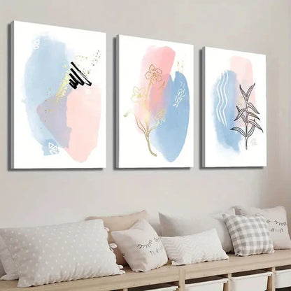 3pcs Blue and Pink Simple Line Botanical Floral Wall Art Set Canvas Unframed - High Quality Print 100% Australian Made Wall Canvas - Bella Home Decor