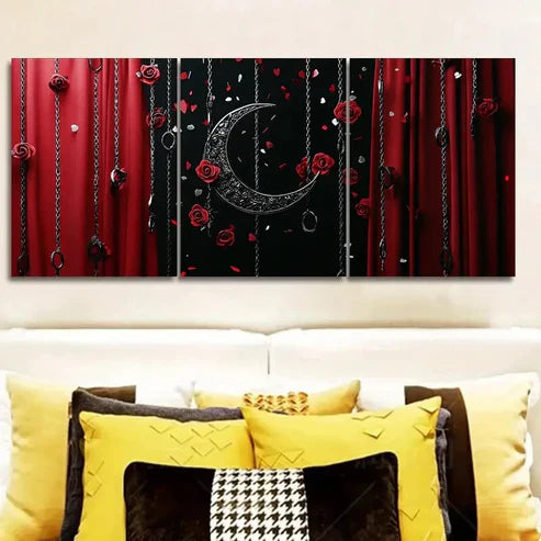 3pcs Black Moon and Red Roses Wall Art Set Canvas Unframed - High Quality Print 100% Australian Made Wall Canvas - Bella Home Decor
