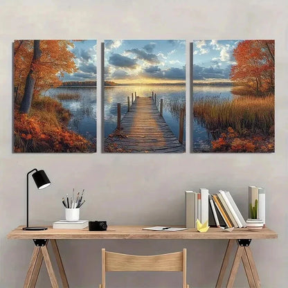 3pcs Lake Sunset Scene with Wooden Pier Wall Art Set Canvas Framed 60x90cm - High Quality Print 100% Australian Made Wall Canvas Ready to Hang - Bella Home Decor