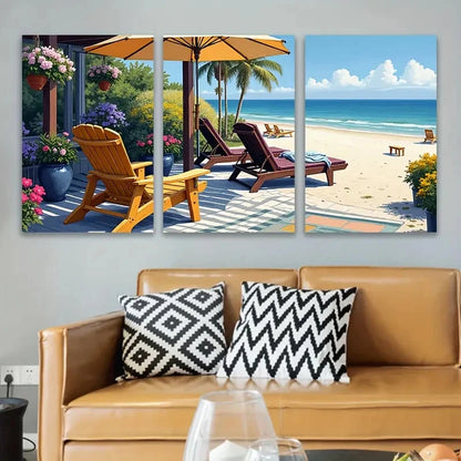 3pcs Beach Scene With Palm Trees And Ocean View Wall Art Set Canvas Framed 50x70cm - High Quality Print 100% Australian Made Wall Canvas Ready to Hang - Bella Home Decor
