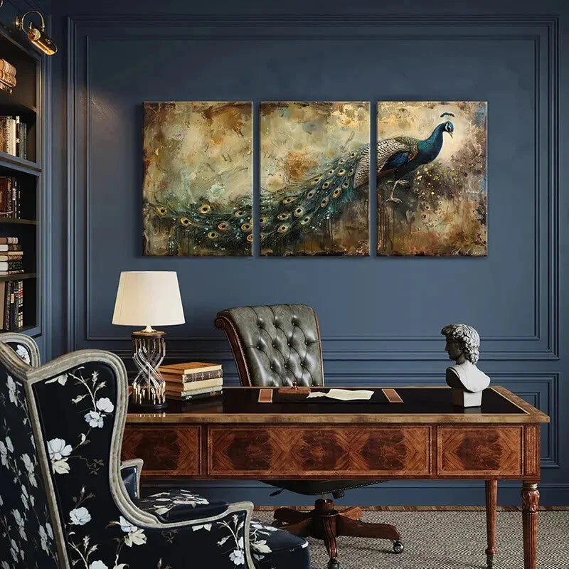3pcs PeaRooster Feather Design Abstract Background Metal Print Ready to Hang Art - Bella Home Decor