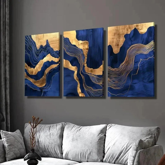 3pcs Wavy Blue Marble and Gold Gilt Wall Art Set Canvas Framed 60x90cm - High Quality Print 100% Australian Made Wall Canvas Ready to Hang