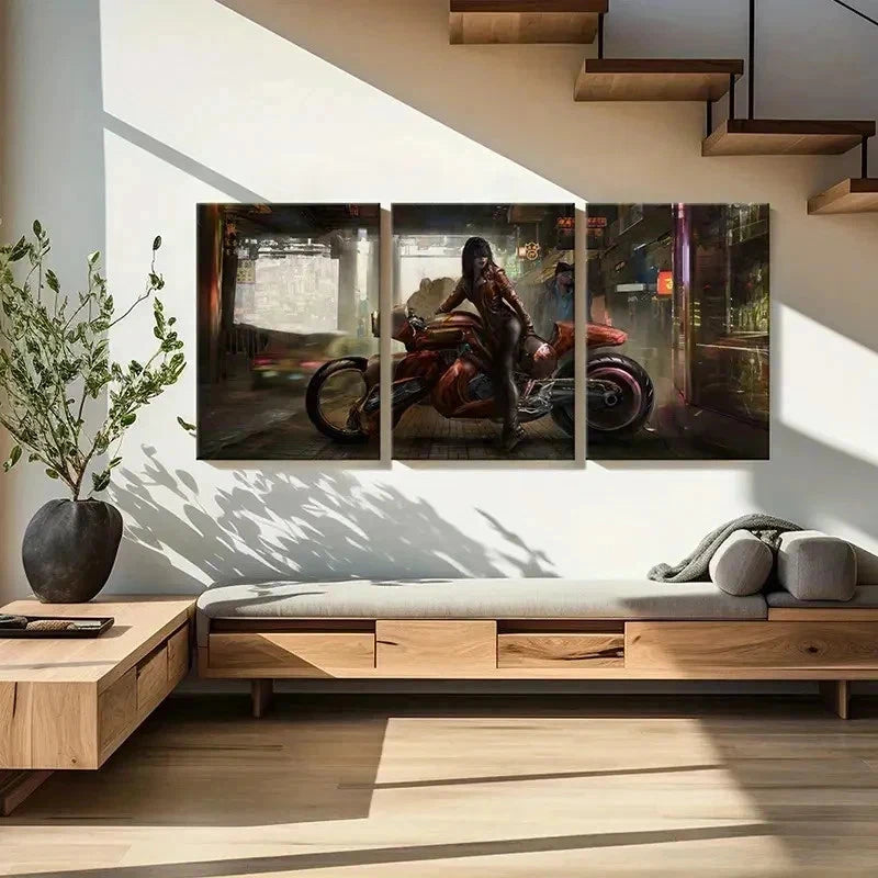 3pcs Beautiful Anime Girl with Motorcycle Wall Art Set Canvas Framed 40x60cm - High Quality Print 100% Australian Made Wall Canvas Ready to Hang - Bella Home Decor
