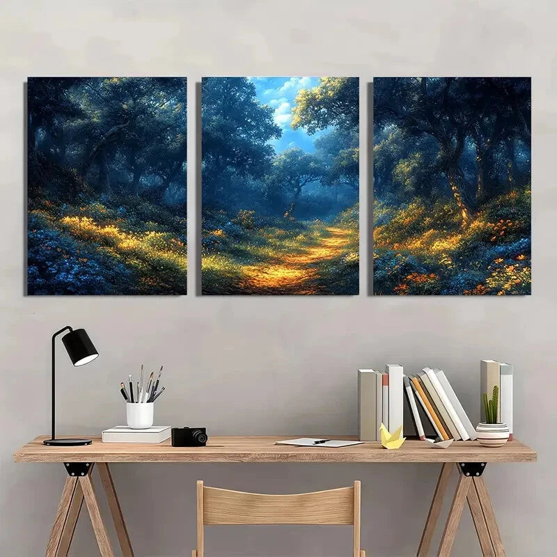 3pcs Mystical Blue and Golden Enchanted Forest Wall Art Set Canvas Framed 60x90cm - High Quality Print 100% Australian Made Wall Canvas Ready to Hang - Bella Home Decor