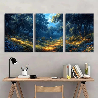 3pcs Mystical Blue and Golden Enchanted Forest Wall Art Set Canvas Framed 60x90cm - High Quality Print 100% Australian Made Wall Canvas Ready to Hang - Bella Home Decor