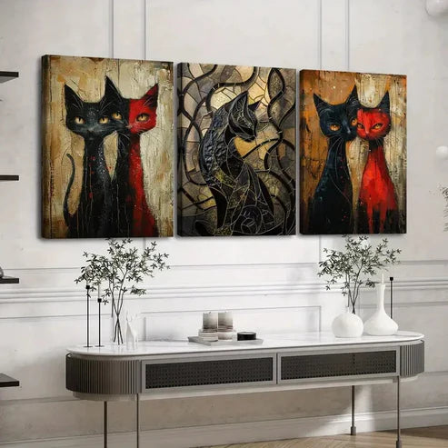 3pcs Various Animals Cats Black Red Black Lines Wall Art Set Canvas Unframed - High Quality Print 100% Australian Made Wall Canvas