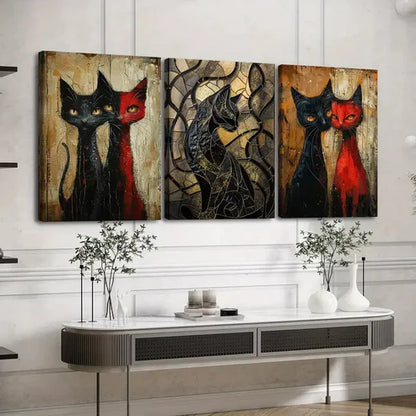 3pcs Various Animals Cats Black Red Black Lines Wall Art Set Canvas Unframed - High Quality Print 100% Australian Made Wall Canvas