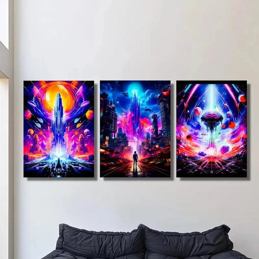 3pcs Vibrant Space Planet & Future World Line Metal Print Ready to Hang Art