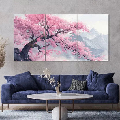Cherry Blossom Tree Mountain Scenery Art Set Canvas Unframed - High Quality Print 100% Australian Made Wall Canvas