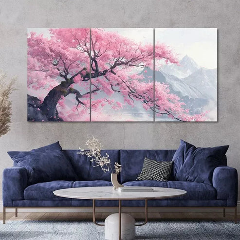 Cherry Blossom Tree Mountain Scenery Art Set Canvas Unframed - High Quality Print 100% Australian Made Wall Canvas