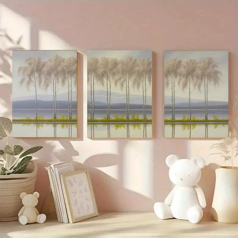 3pcs  Tall Trees & Calm Lake Scenery   Wall Art Set Canvas Framed 60x90cm - High Quality Print 100% Australian Made Wall Canvas Ready to Hang - Bella Home Decor