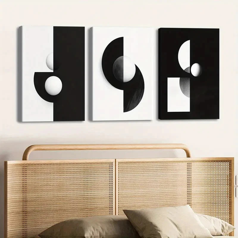3pcs Modern Black & White Geometric Wall Art Set Canvas Framed 40x60cm - High Quality Print 100% Australian Made Wall Canvas Ready to Hang