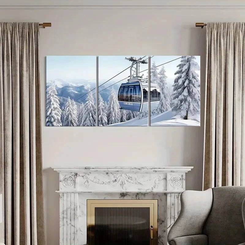 3pcs Winter Wonderland Cable Car Snowy Mountains Metal Print Ready to Hang Art - Bella Home Decor