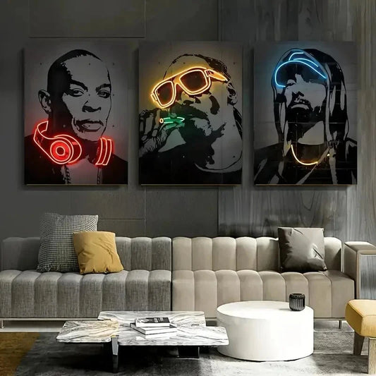 3pcs Neon Headphone & Glasses Posters Wall Art Set Canvas Framed 40x60cm - High Quality Print 100% Australian Made Wall Canvas Ready to Hang