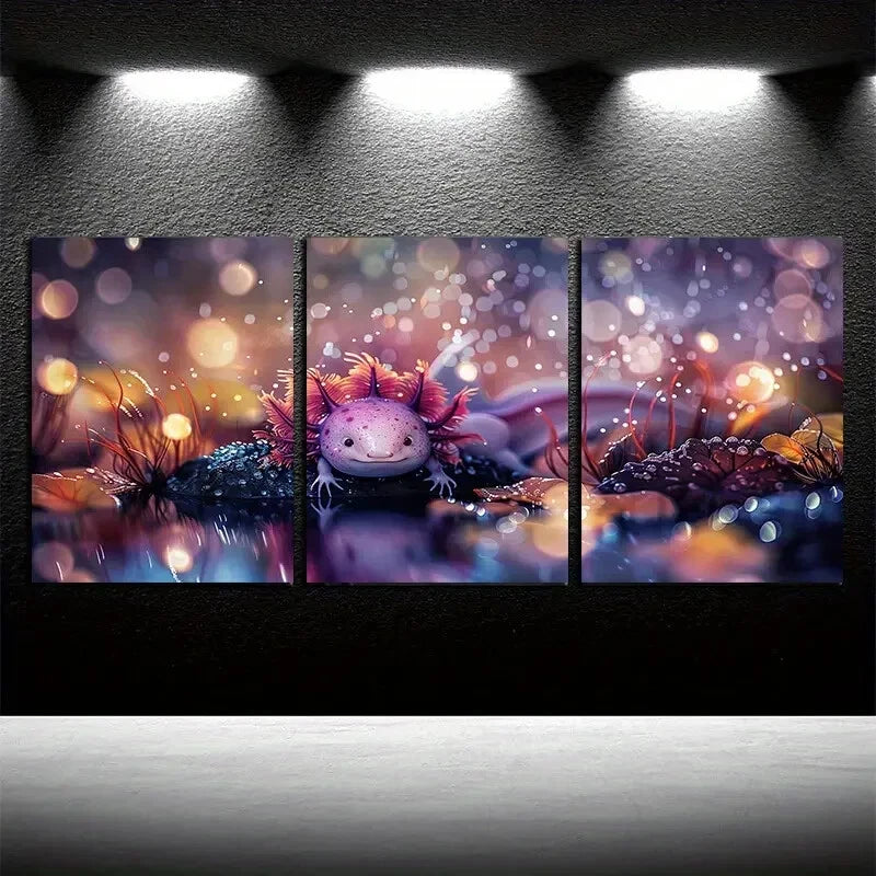3pcs Smiling Axolotl by The Pool Design Metal Print Ready to Hang Art - Bella Home Decor