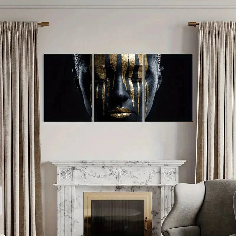 3pcs Golden Stripes Black Face Modern Abstract Metal Print Ready to Hang Art - Bella Home Decor