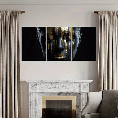 3pcs Golden Stripes Black Face Modern Abstract Metal Print Ready to Hang Art - Bella Home Decor