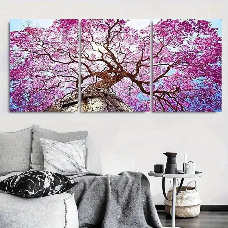 3pcs Pink Blossom Tree Bright Sky Metal Print Ready to Hang Art