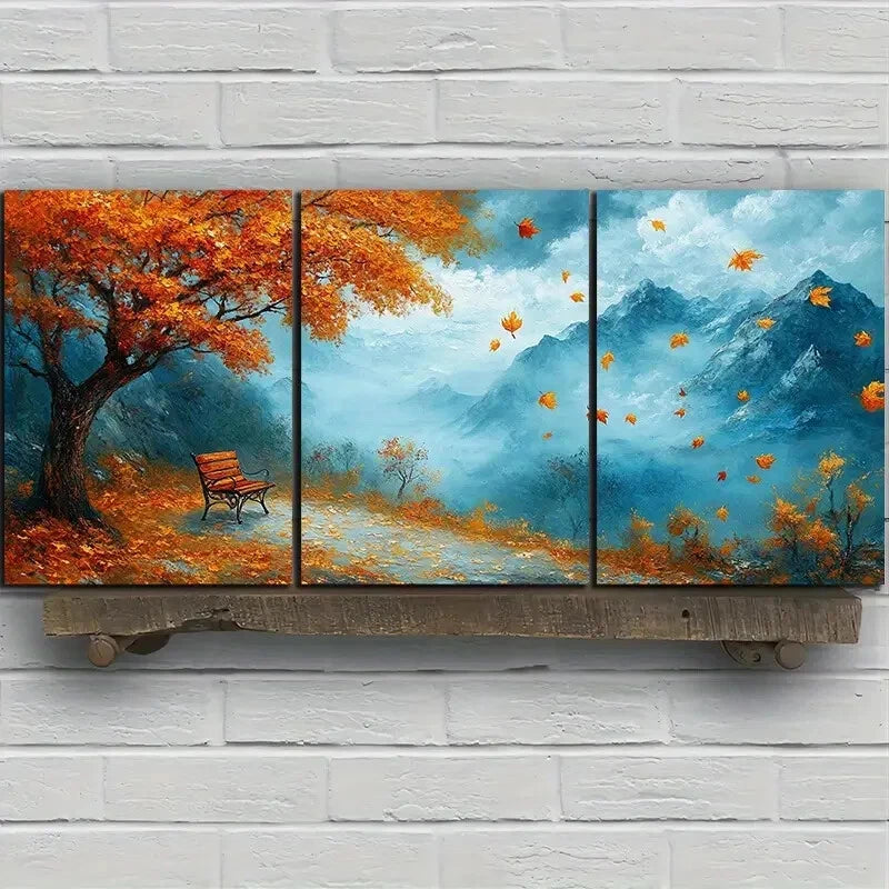 3pcs A Bench Under Autumn Leaves Mountain Metal Print Ready to Hang Art - Bella Home Decor