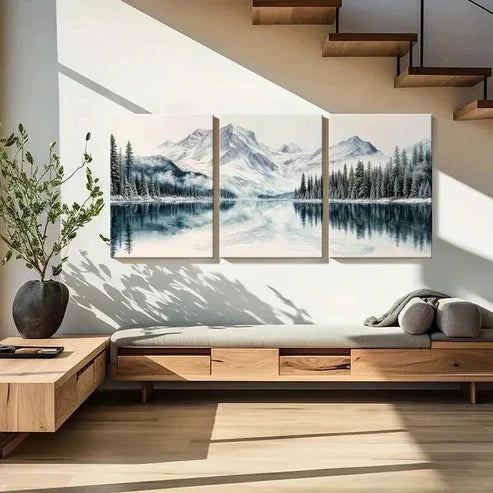 3pcs Snowy Mountains Serene Lake & Pine Trees Wall Art Canvas Unframed - High Quality Print 100% Australian Made Wall Canvas