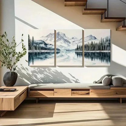 3pcs Snowy Mountains Serene Lake & Pine Trees Wall Art Canvas Unframed - High Quality Print 100% Australian Made Wall Canvas