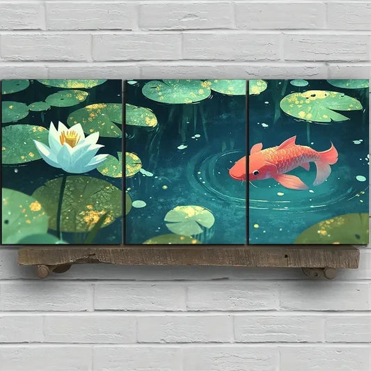 3pcs Koi Swimming in The Pond Wall Art Set Canvas Framed 60x90cm - High Quality Print 100% Australian Made Wall Canvas Ready to Hang