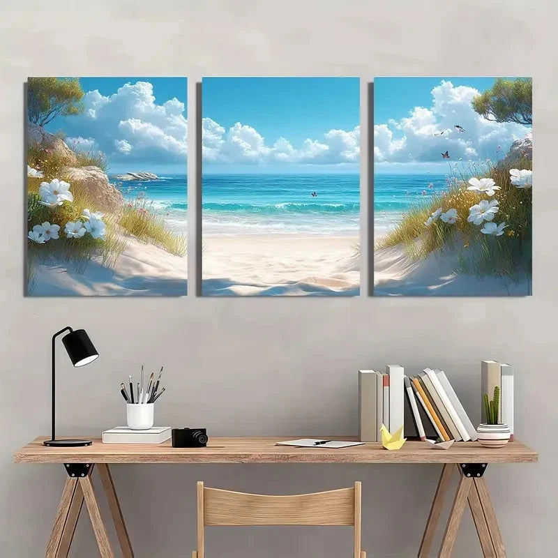 3pcs Vibrant Coastal Scene with White Flowers Metal Print Ready to Hang Art - Bella Home Decor
